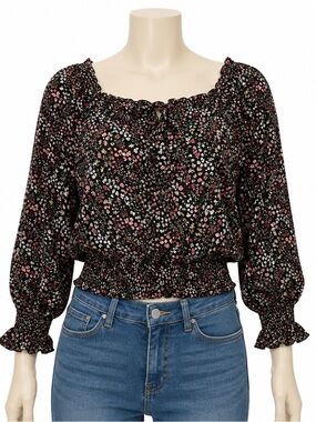 Papaya Black Ditsy Floral Smocked Crop Top Tie Back Open Back M